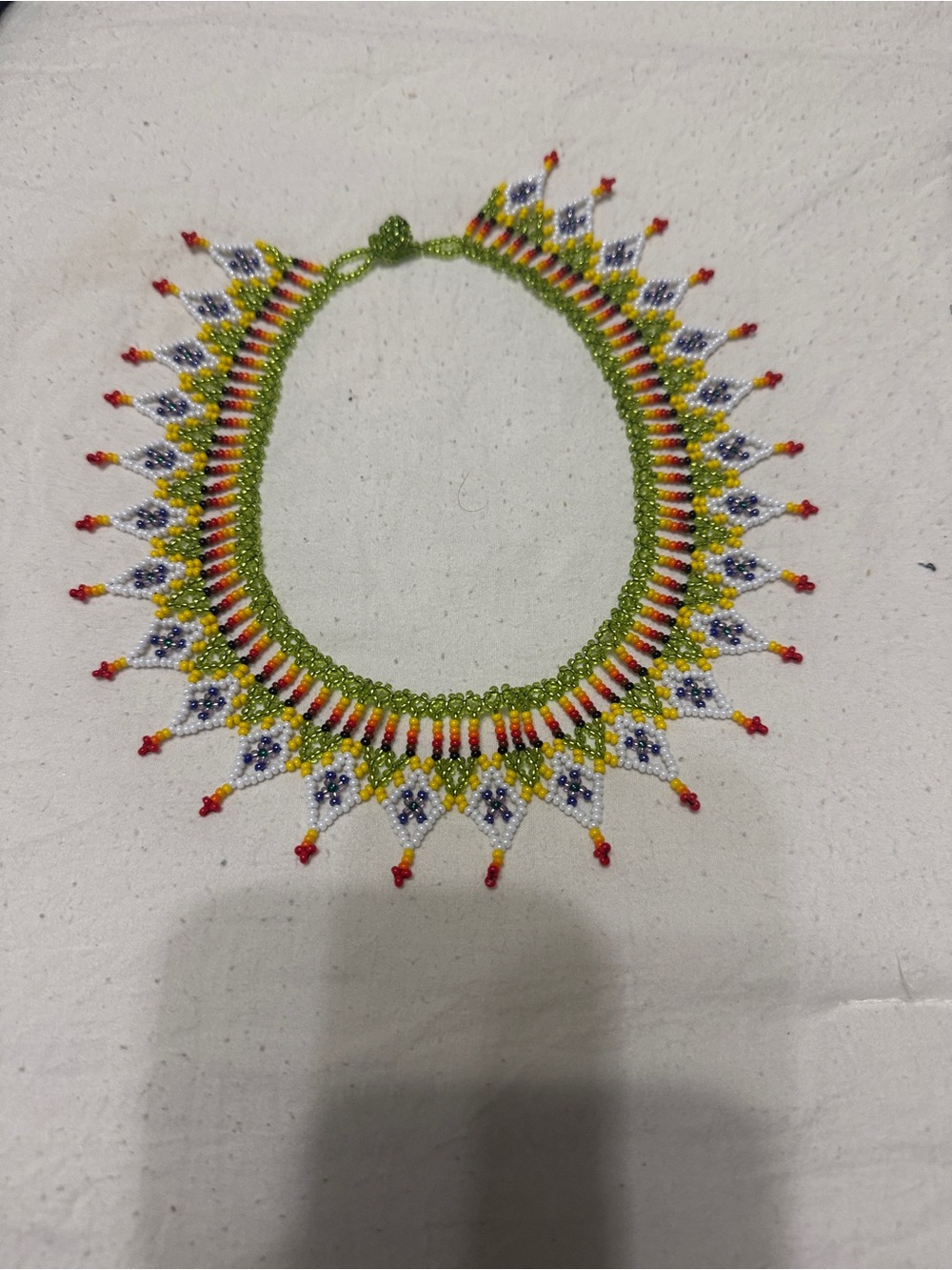 Handmade Beaded Collar Necklace - Green, Yellow & White Accent